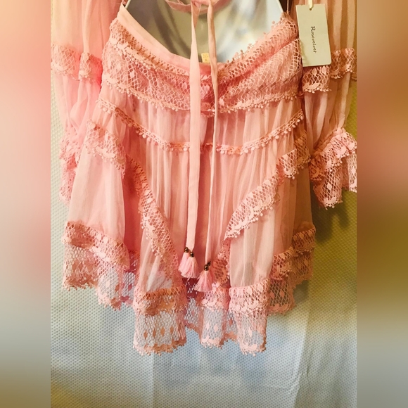 Rosevelvet Pink Lace Mini Dress Long Sleeve Cutout Ruffle Hem Size M - Picture 9 of 9